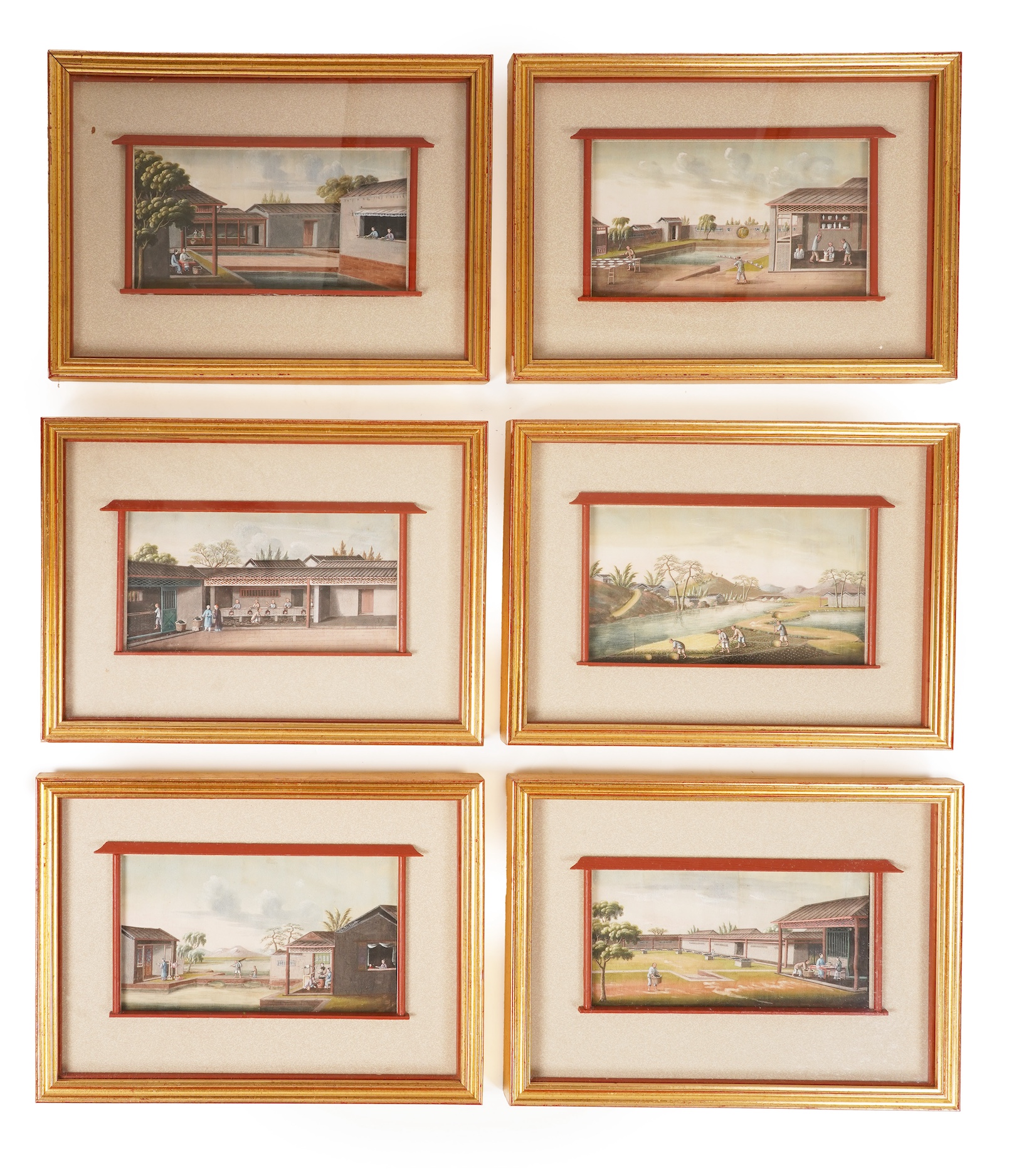 Circle of Youqua , Chinese (Mid 19th century), Scenes of rice or tea production, Six watercolours on pith paper, Image 12cm x 22.5cm